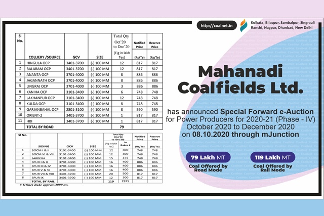MCL offers coal through special forward e-auction scheme for Power Producers (Excluding CPPs) for Phase IV